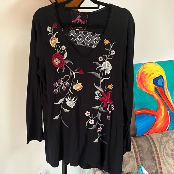 Johnny Was Tops - Johnny Was Embroidered Black Floral Women's Top XL